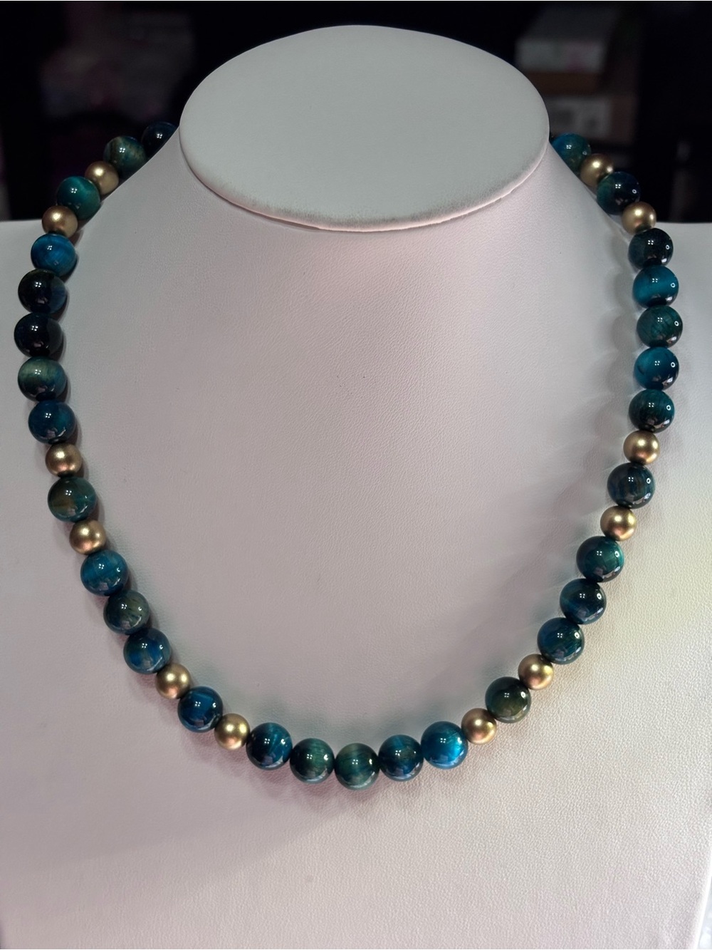 Blue Green Tigereye Necklace with Gold Accent Beads 18 inches